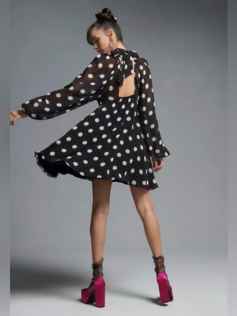 Maeve by Anthropologie Black White Knee Length Polka Dot Bow Tie Up Dress (XS)